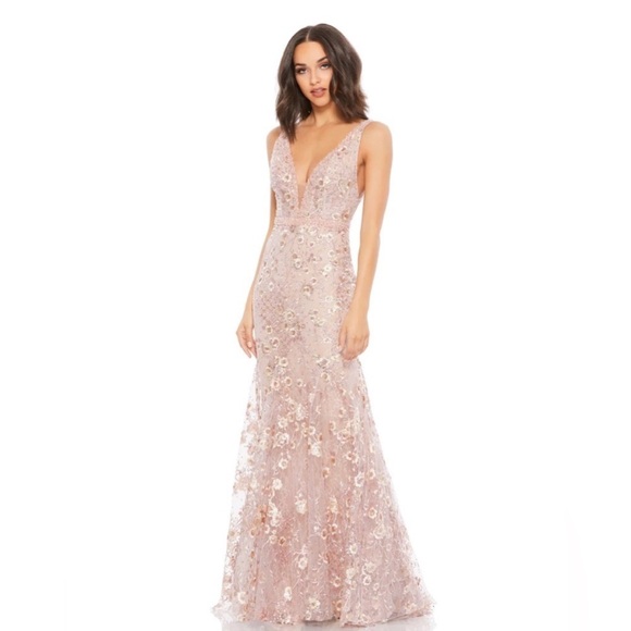 Mac Duggal 67481 Pink Floral Embellished Sleeveless Plunge Neck Gown Sz 14
